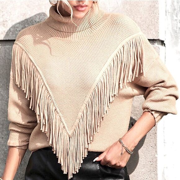 Grace + Karma Light Tan Fringe Front Pullover Turtleneck Neutral Sweater NEW - Picture 2 of 14